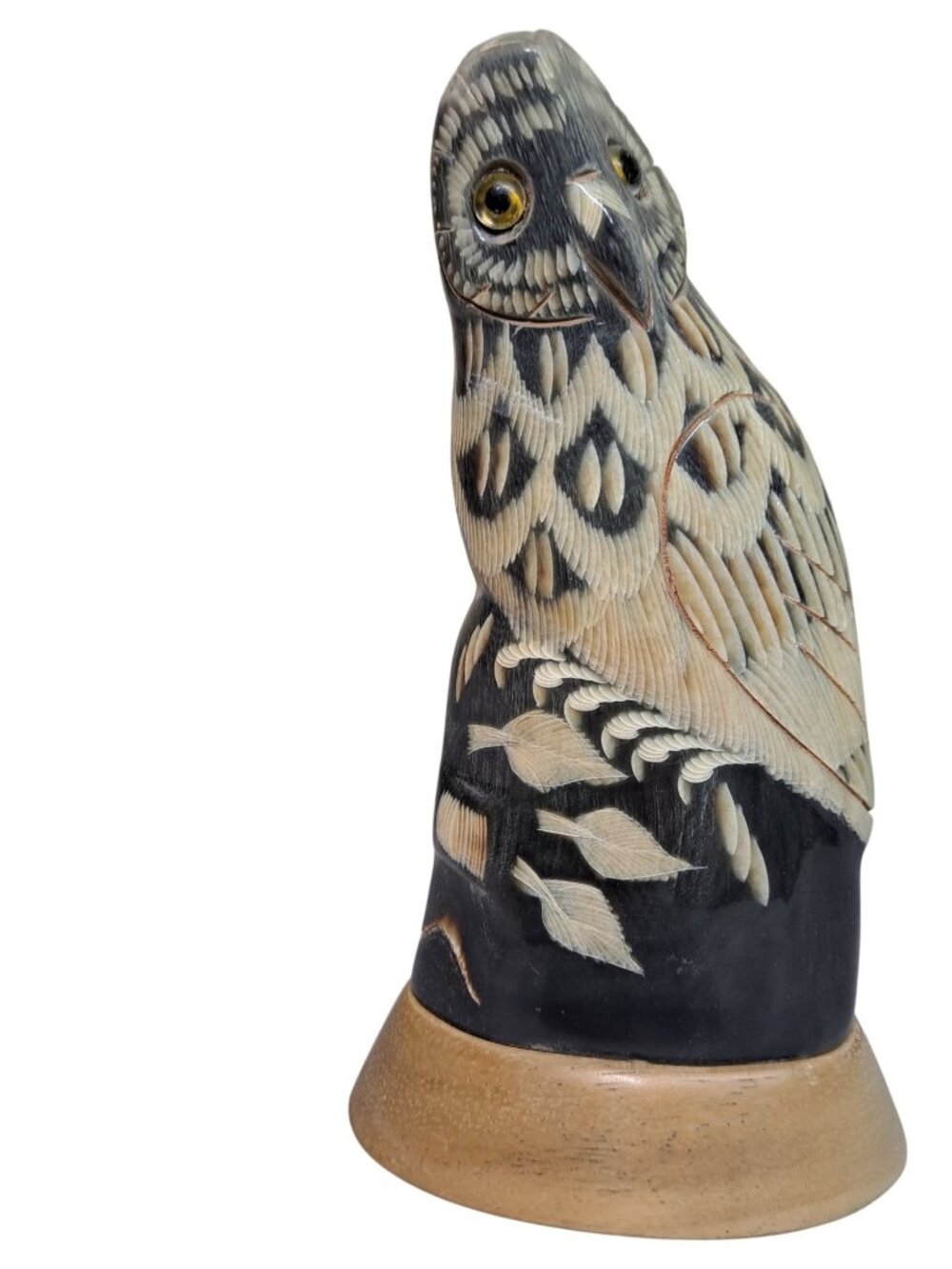 Hand Carved Wood Owl Figurine Intricate Carved Glossy Folk Art Decor Shelf Sit